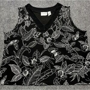 Alfred Dunner Tank Top Womens‎ XL Black White Floral Butterfly Sleeveless Shirt